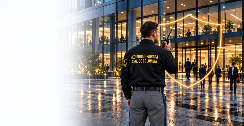 Guardia de Seguridad de Colombia supervisando un entorno corporativo