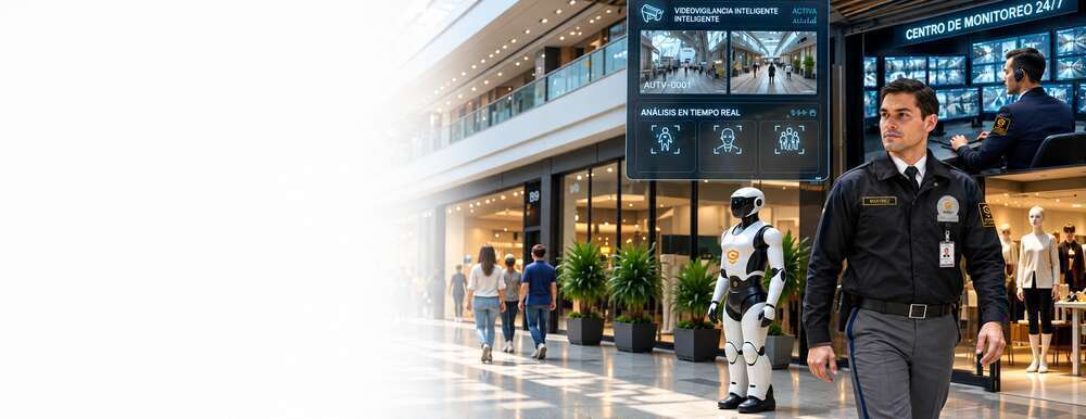 Guardia de Seguridad de Colombia, robot y centro de monitoreo en un centro comercial