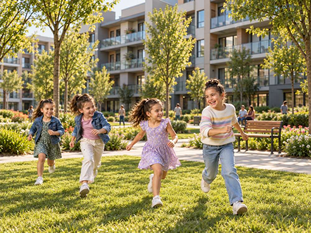 Niños corriendo en las zonas comunes de un conjunto residencial