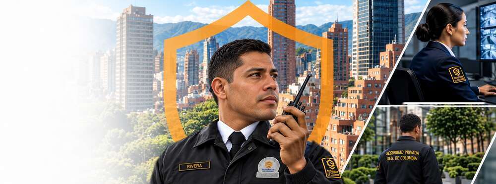 Guardia de Seguridad de Colombia con radio, centro de monitoreo y vigilancia en un entorno urbano